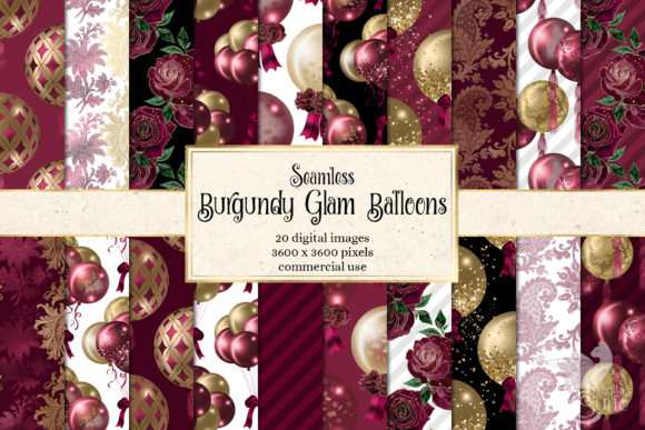 Burgundy Gold Balloons Digital Paper