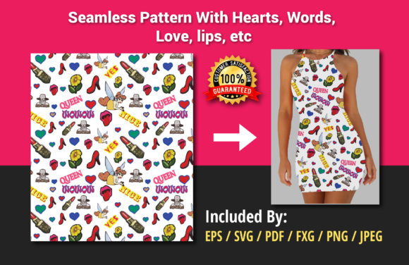 Seamless Fashion Pattern with Lips, Love and Stylish Doodles