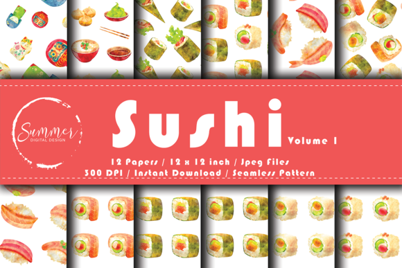 Sushi Watercolor Scrapbook Digital Paper