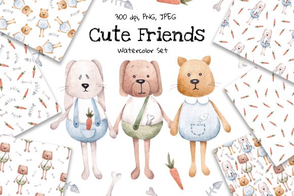 Watercolor Set Cute Friends